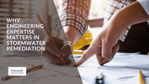 Engineers reviewing blueprints with text overlay stating “Why Engineering Expertise Matters in Stormwater Remediation,” emphasizing the importance of technical knowledge in stormwater solutions.